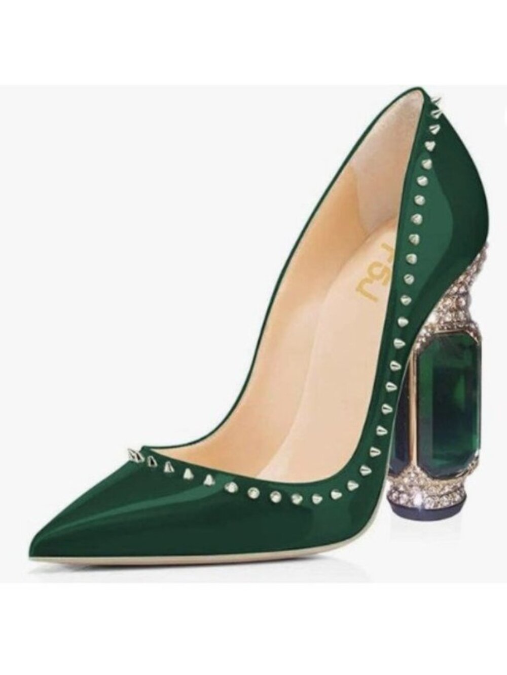 FSJ Women Bridal Pointed Toe Chunky Block High Heel Crystal Pumps Green